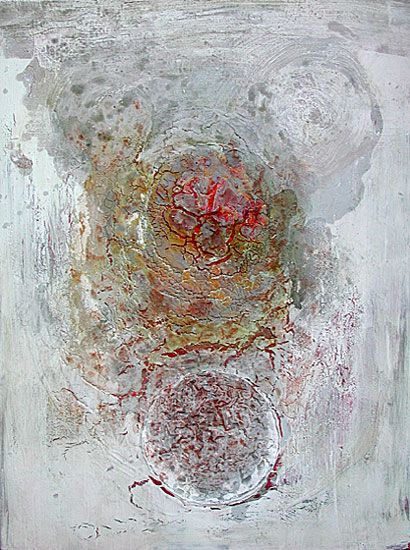 Nikola Dimitrov, Kosmische Evolution, Collage, Acryl, Öl und Tusche auf Leinwand, 80 x 60 cm
