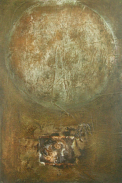 Nikola Dimitrov, Visionen, Collage, Acryl, Öl und Tusche auf Leinwand, 90 x 60 cm