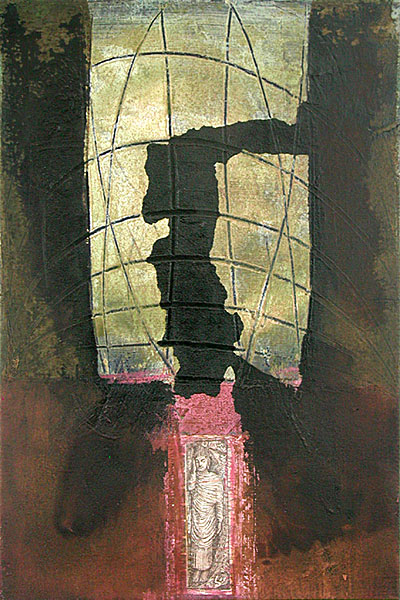 Nikola Dimitrov, Visionen, Collage, Acryl, Öl und Tusche auf Leinwand, 90 x 60 cm
