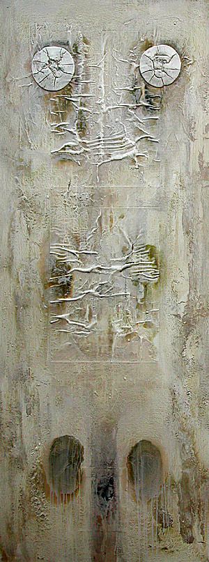 Nikola Dimitrov, Die Seele der Tiere, 2003, Acryl und Collage auf Leinwand, 250 x 93 cm