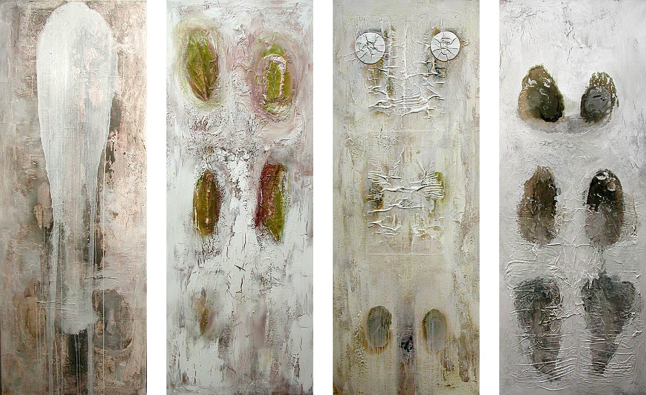 Nikola Dimitrov, Die Seele der Tiere, 2003, Acryl und Collage auf Leinwand, je 250 x 93 cm