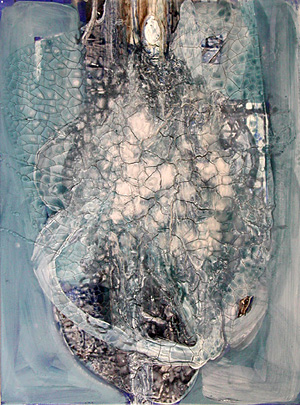 Dialoge, 2003, Acryl und Collage auf Leinwand, 88 x 65 cm