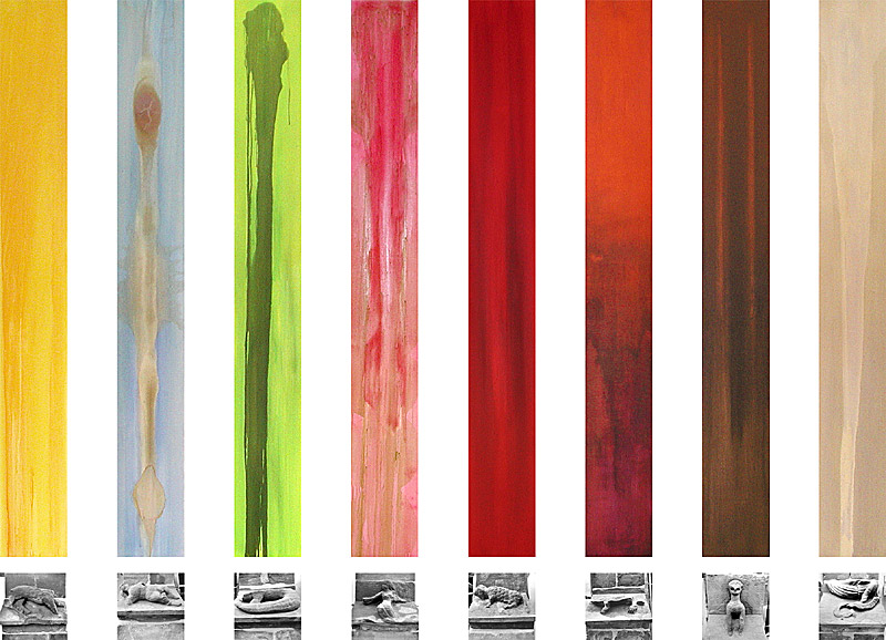Nikola Dimitrov, Die Sieben Todsnden, 2005, Acryl auf Leinwand, 8-teilig, je 250 x 30 cm