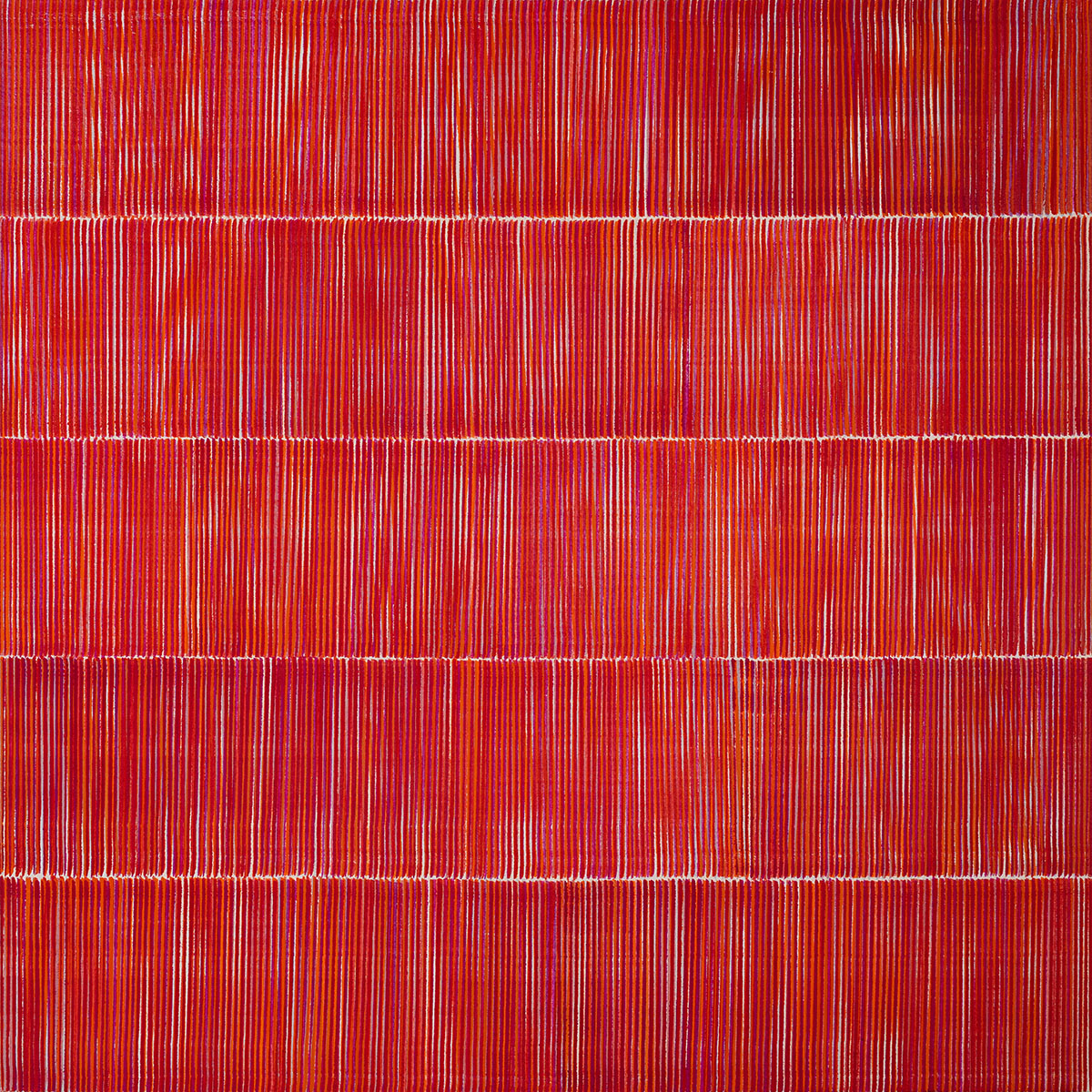 Nikola Dimitrov, RoterKlangRaum II, 2022, Pigmente, Bindemittel auf Leinwand, 100  100 cm