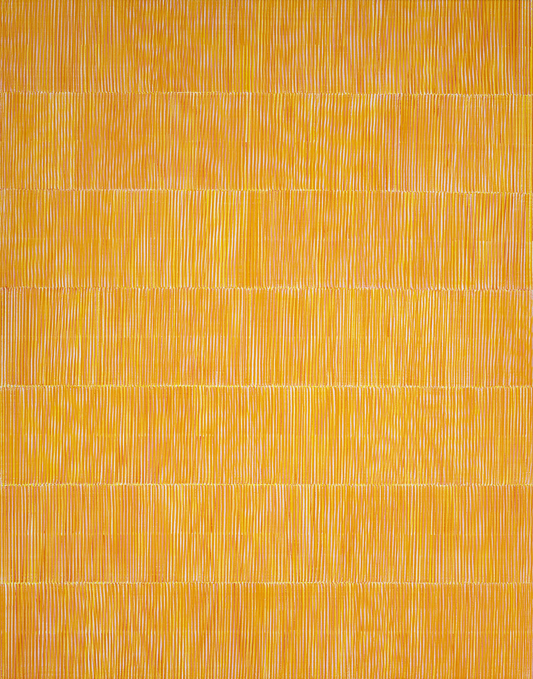 Nikola Dimitrov, Rhythmen OrangeGelb I, 2023, Pigmente, Bindemittel auf Leinwand, 140  110 cm