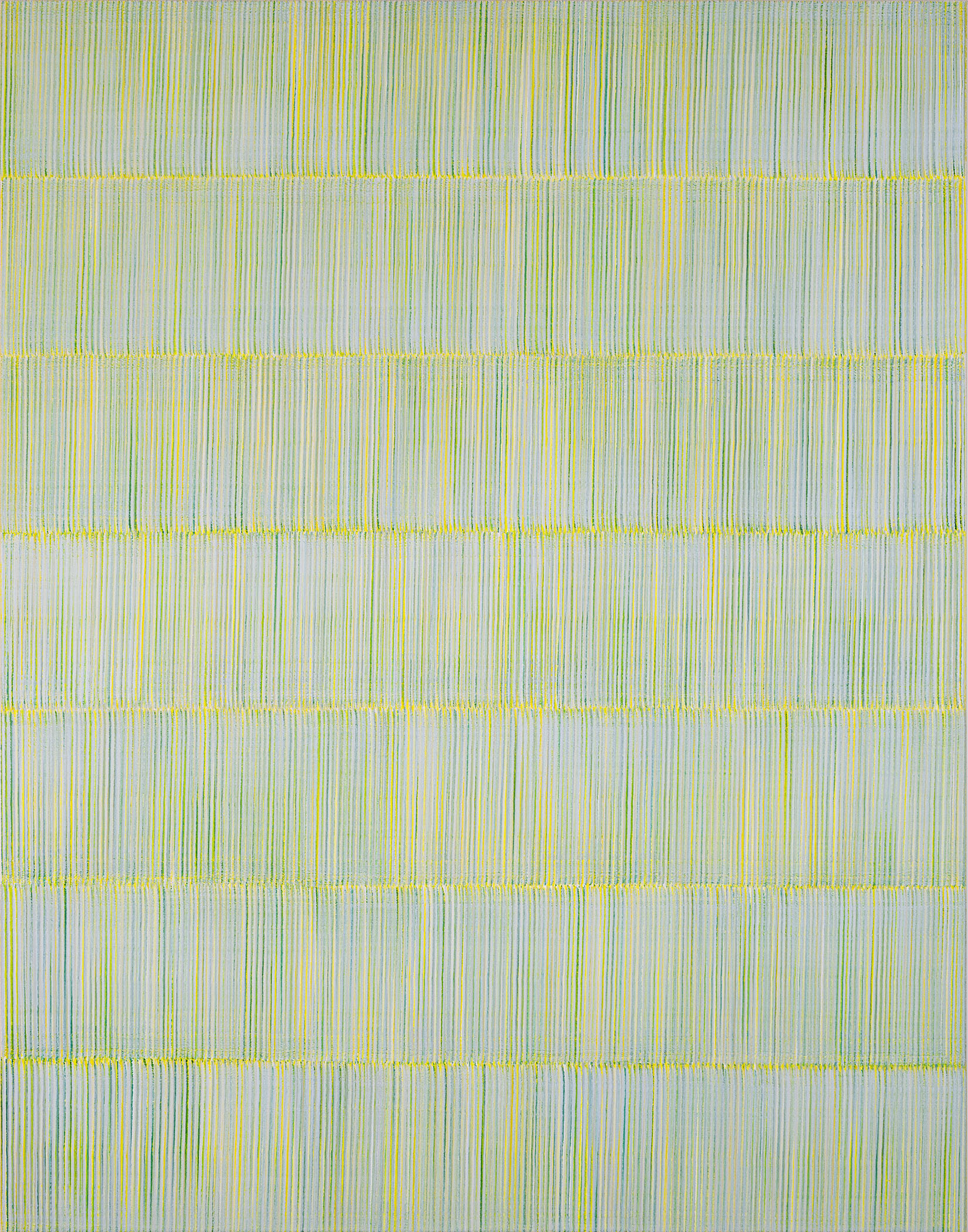 Nikola Dimitrov, FarbRhythmen GelbGrn II, 2025, Pigmente, Bindemittel auf Leinwand, 140 x 110 cm