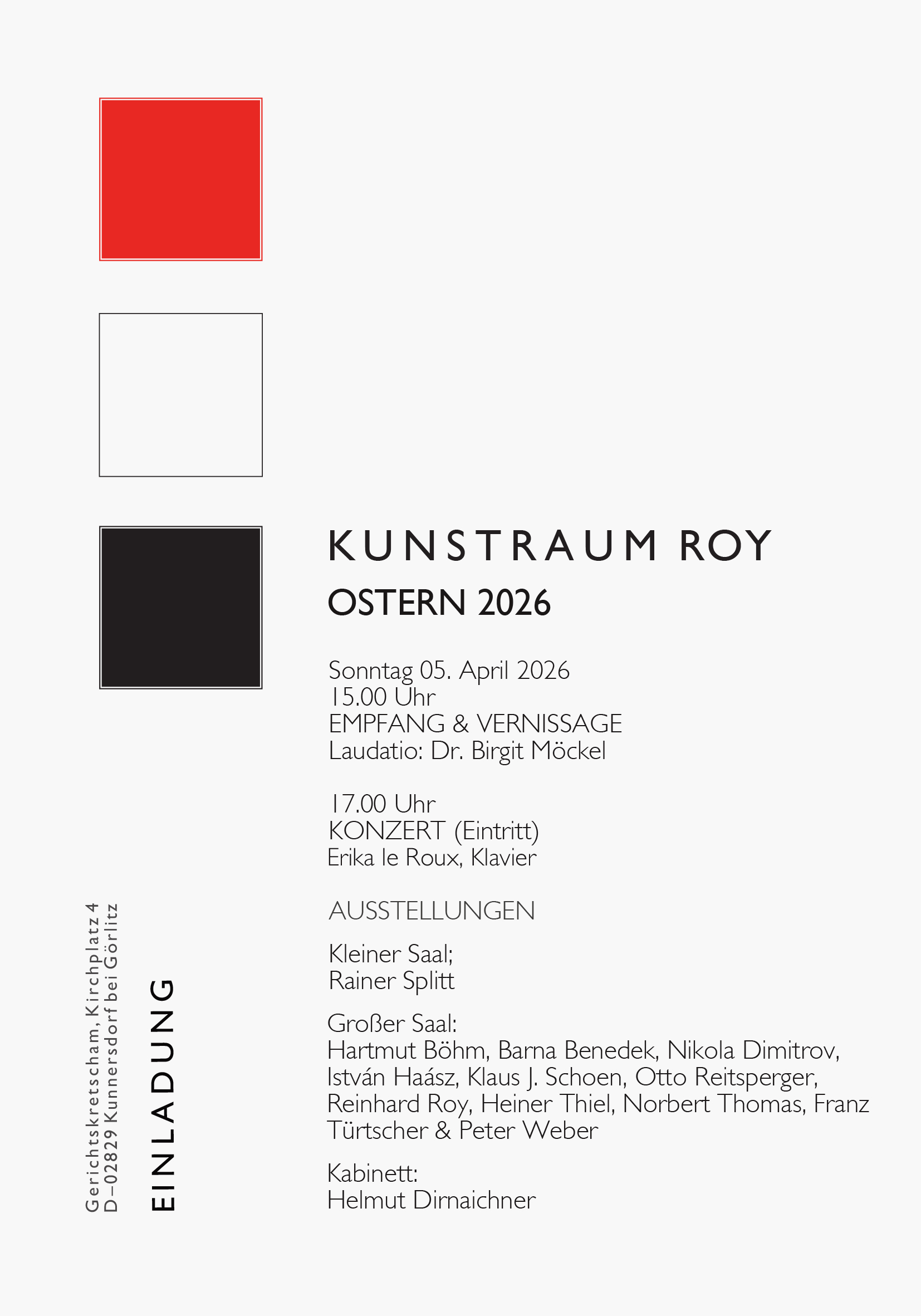 Ostern 2026, Vernissage und Konzert, Kunstraum Roy Ostern 2026, Vernissage und Konzert, Kunstraum Roy