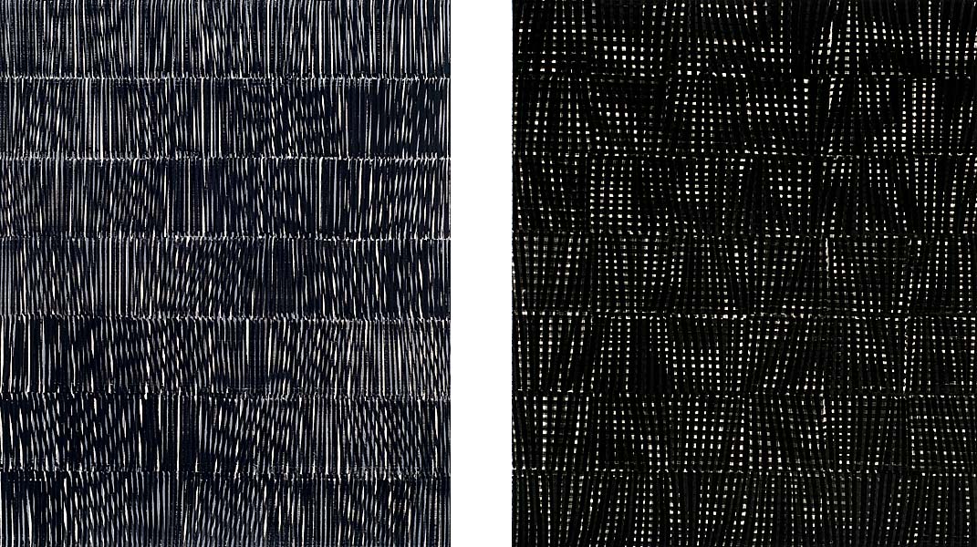 Nikola Dimitrov, Verklrte Nacht VI, 2012 und Rhythmen VII, 2014, Pigmente, Bindemittel, Lsungsmittel auf Btten, je 105,5 x 89 cm